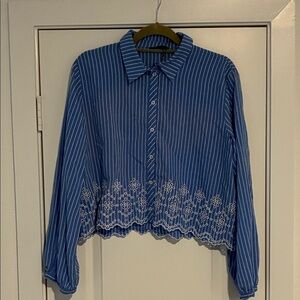 Zara Blue Striped Button Down Top with Embroidered Hem